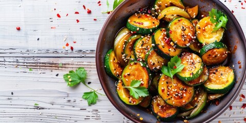 Poster - SautÃƒÂ©ed Zucchini with Onions in Soy and Teriyaki Sauces, Garnished with Toasted Sesame Seeds and Red Pepper Flakes, Arranged on a White Wooden Surface