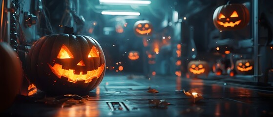 Haunting Halloween Themed Space Station with Eerie Lighting and Floating Jack O  Lanterns   A Photography Concept Depicting a Futuristic Otherworldly and Unsettling Sci Fi Atmosphere