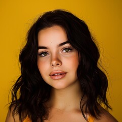 Poster - Close-up portrait of a young woman with long dark hair, looking at the camera with a soft smile, against a yellow background.