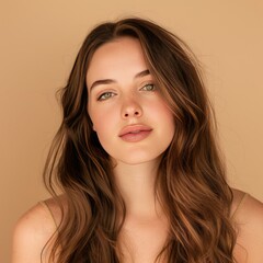 Wall Mural - Close-up portrait of a young woman with long, wavy brown hair and green eyes.