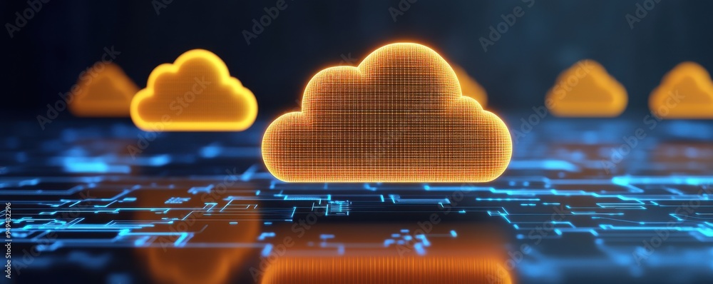 Digital cloud computing concept with glowing orange clouds on a ...