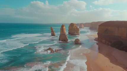 Canvas Print - Coastal rock formations rise from turquoise waters, a dramatic seascape.