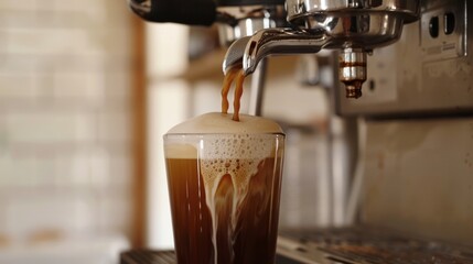 Wall Mural - Coffee being poured into a glass from an espresso machine.