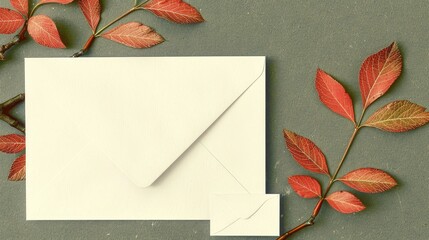 Wall Mural - Blank Card with Pen and Autumn Leaves