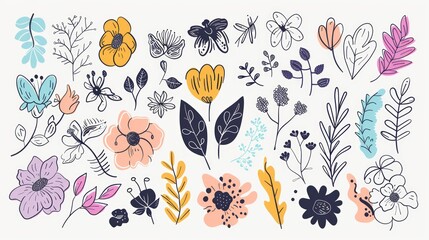 Wall Mural - Collection of hand-drawn floral elements with leaves and flowers.