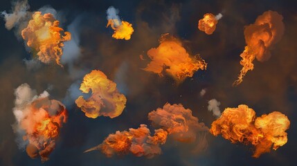 Collection of fiery orange and white smoke explosions on dark background.