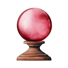 Red crystal ball on wooden stand. Mystical, magical, and spiritual object for fortune telling and divination on white background.