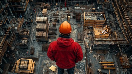 A construction worker stands on a platform in front of a building