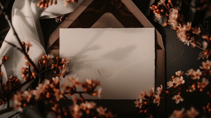 Wall Mural - Blank Paper Surrounded by Delicate Pink Blossoms and Fabric