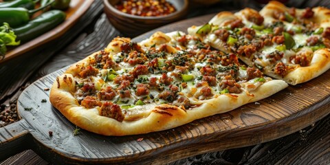 Canvas Print - Flatbread with Minced Meat, Bell Peppers, and Mozzarella Cheese Presented on a Plate - A Classic Culinary Treat