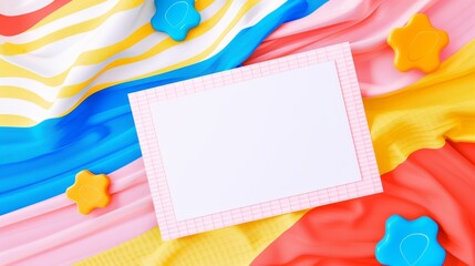 Wall Mural - Blank White Card on Colorful Striped Fabric with Toy Stars