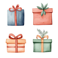 Wall Mural - Watercolor illustration of four beautifully wrapped festive gift boxes with ribbons and natural decorations, perfect for holiday celebrations.