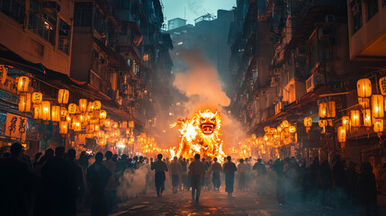 Tai Hang Fire Dragon Dance Festival, a big fire dragon led by dancers on the street, incense and candle smoke create a mystical atmosphere, Ai generated Images