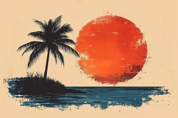 A painting of a palm tree and a red sun on a beach