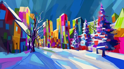 Wall Mural - Magical winter wonderland - holiday village - festive donations - abstract - Christmas tree - city - stylish 