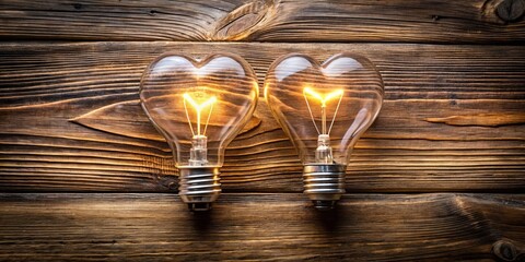 Two heart-shaped light bulbs on wooden background, representing creativity, inspiration, and passion