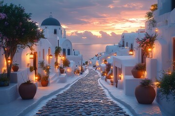 Wall Mural - A narrow street lined with white buildings and lit up with candles