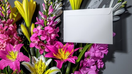 Wall Mural - A Blank Card Surrounded by Pink, Yellow, and White Flowers