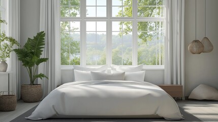 Interior bedroom of a white home featuring a bed and a panoramic window. mock-up frames