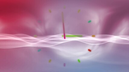 Wall Mural - colorful bright glowing analog time clock loop animation on abstract wavy background.
