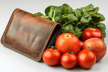 Wall Mural - A leather wallet sits on a table with a variety of vegetables