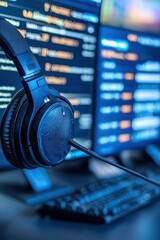 Headphones and Computer Monitors with Blue Light and Blurred Code