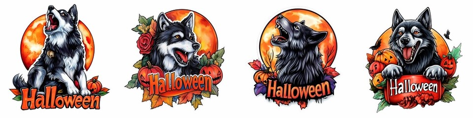 Wall Mural - Halloween-themed illustrations featuring wolves howling and playing, surrounded by pumpkins, autumn leaves, and a full moon backdrop. The vibrant designs evoke a spooky and festive atmosphere.