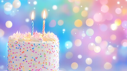 a festive scene with a birthday cake on the left side. The cake is covered in white frosting and decorated with colorful sprinkles. On top of the cake, there are two lit candles, one blue and one pink