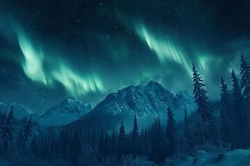 Aurora borealis over the frosty forest. Green northern lights above mountains. Night nature landscape with polar lights. Night winter landscape with aurora.  winter holiday concept. Generative ai