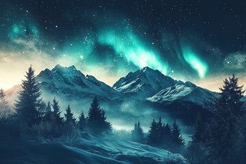 Aurora borealis over the frosty forest. Green northern lights above mountains. Night nature landscape with polar lights. Night winter landscape with aurora.  winter holiday concept. Generative ai