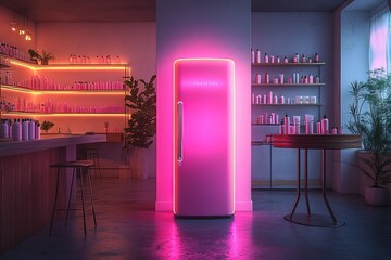 Sticker - A neon pink refrigerator is lit up in a room with a lot of bottles