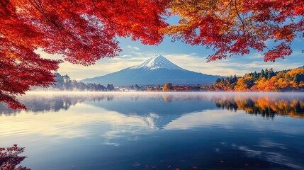 Colorful Autumn Season and Mountain Fuji with morning fog and red leaves at lake Kawaguchiko is one of the best places in Japan