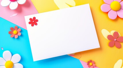 Wall Mural - White Card Surrounded by Colorful Paper Flowers