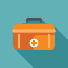 Wall Mural - Minimalist vector illustration of an orange first aid kit casting a long shadow over a blue background