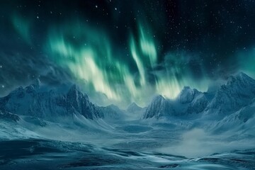 Aurora borealis over the frosty forest. Green northern lights above mountains. Night nature landscape with polar lights. Night winter landscape with aurora.  winter holiday concept. Generative ai