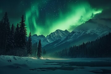 Aurora borealis over the frosty forest. Green northern lights above mountains. Night nature landscape with polar lights. Night winter landscape with aurora.  winter holiday concept. Generative ai