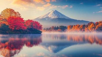 Colorful Autumn Season and Mountain Fuji with morning fog and red leaves at lake Kawaguchiko is one of the best places in Japan