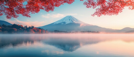 Wall Mural - Colorful Autumn Season and Mountain Fuji with morning fog and red leaves at lake Kawaguchiko is one of the best places in Japan