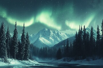 Aurora borealis over the frosty forest. Green northern lights above mountains. Night nature landscape with polar lights. Night winter landscape with aurora.  winter holiday concept. Generative ai