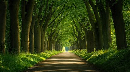 walkway in a green spring beech forest in leuven, belgium. beautiful natural tunnel. atmospheric lan