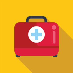 Poster - Red first aid kit closed and lying down, casting a long shadow on a yellow background