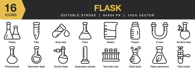 Wall Mural - Flask icon set. Editable Stroke Icon Collection. Includes fleaker, schlenk, suction, test tube, tube, volumetric, and More. Outline icons vector collection.