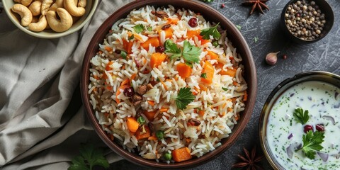 Wall Mural - Vegetable pulav made with toasted rice, combined with nuts and fruits, accompanied by fragrant yogurt sauce.