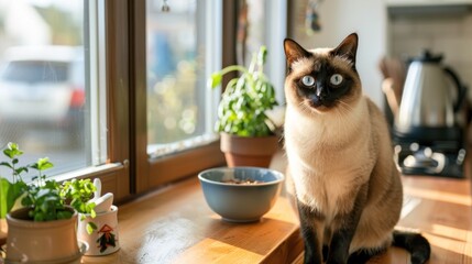 Wall Mural - A Siamese cat is sitting on a wooden table next to a bowl of food. The cat is looking out the window, which has potted plants and a car visible in the background. The scene is peaceful and calm