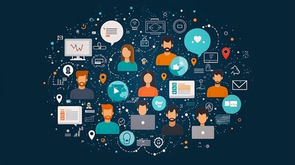 Wall Mural - a global network visualizes people connected by technology, a web of digital interaction.