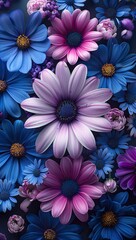 Wall Mural - pattern of purple, blue and white daisies flower