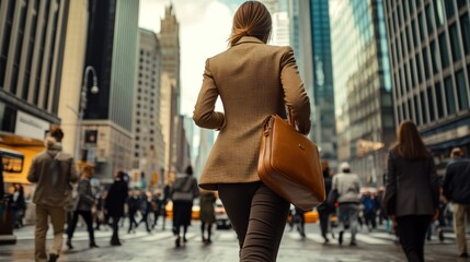 A professional woman walking briskly on a bustling city street, 