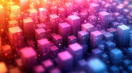 A vibrant 3D abstract representation of colorful blocks with a glowing, dynamic background.