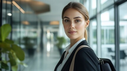 Wall Mural - Business woman with a professional appearance, standing in a sleek conference room,