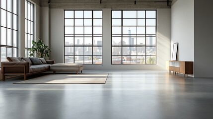 Spacious modern loft with large windows, minimalistic decor, city view, and natural light.